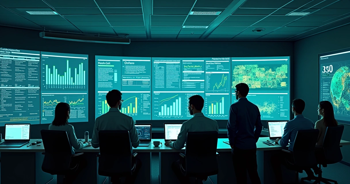 Sala de monitoramento com telas exibindo indicadores de saúde corporativa. 
