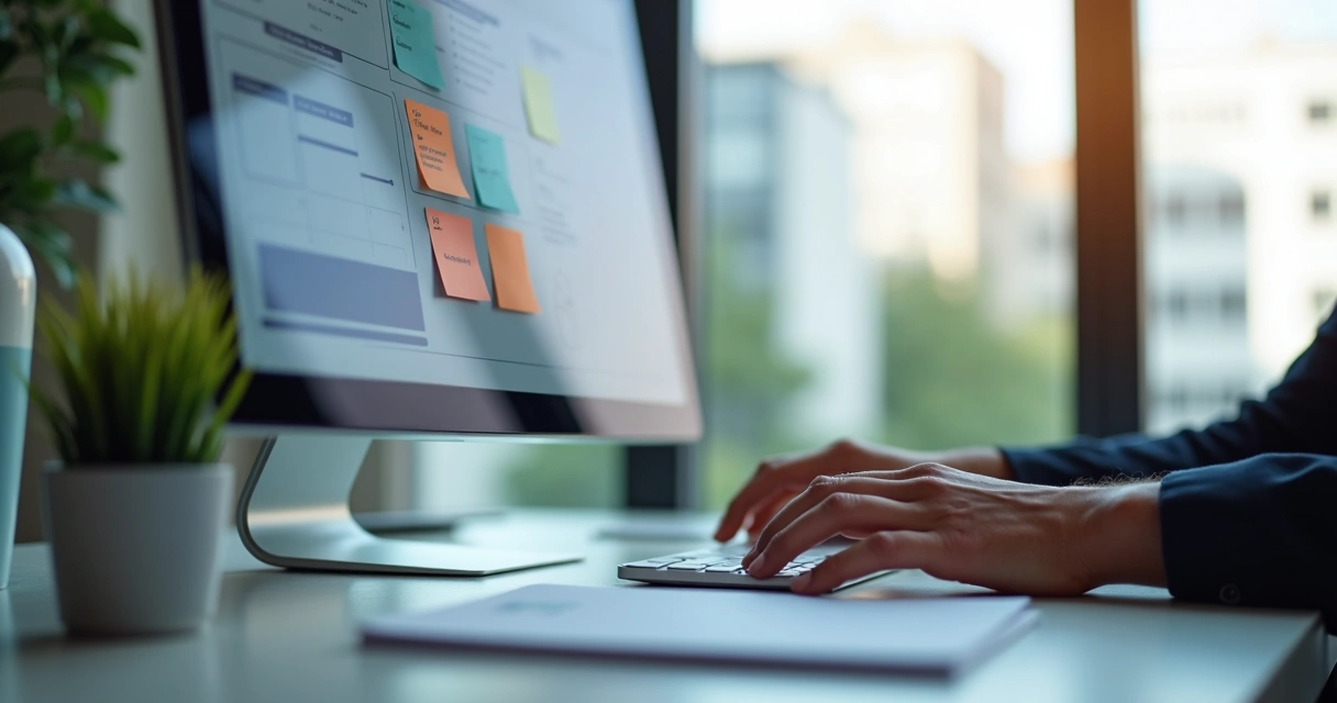 Tela de computador mostrando board digital SCRUM, agência de viagens 