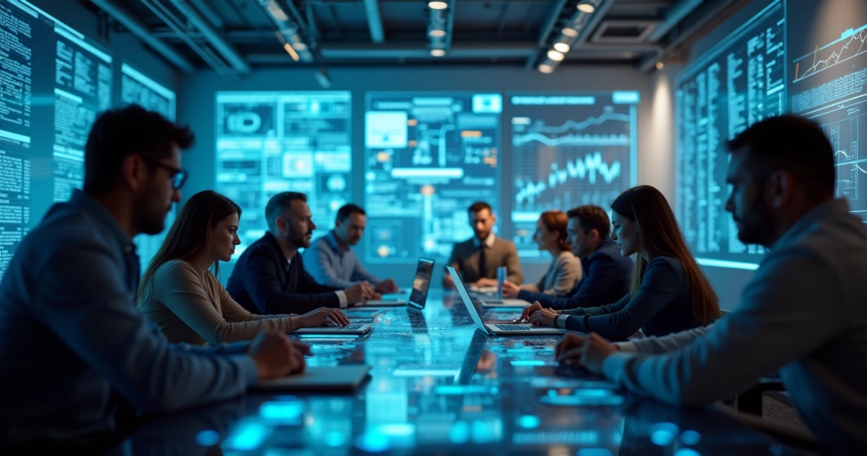 Un grupo diverso de profesionales colaborando en una plataforma digital moderna con elementos visuales de tecnología y seguridad 