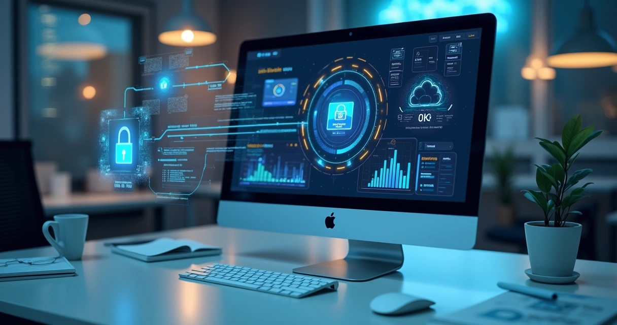 Computador moderno exibindo interface de segurança em nuvem com gráficos e ícones de backup 