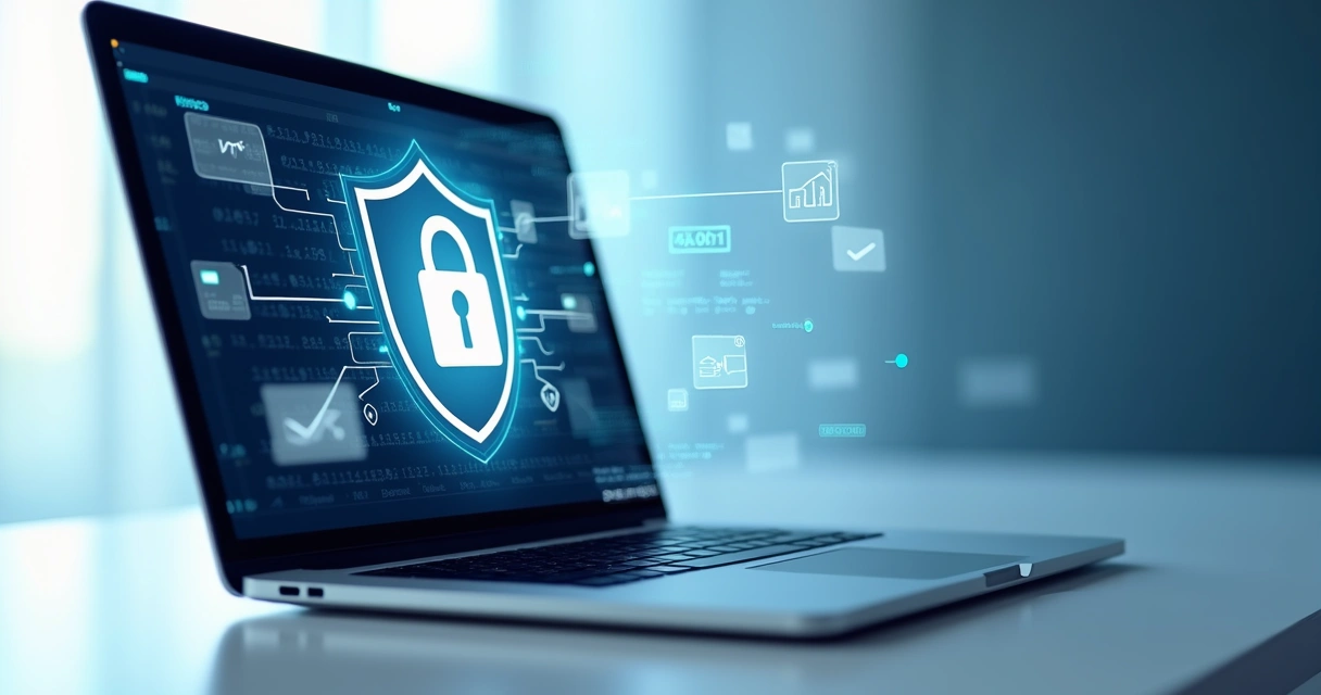 Ilustración de elementos de seguridad digital en una computadora portátil con escudo y candado 