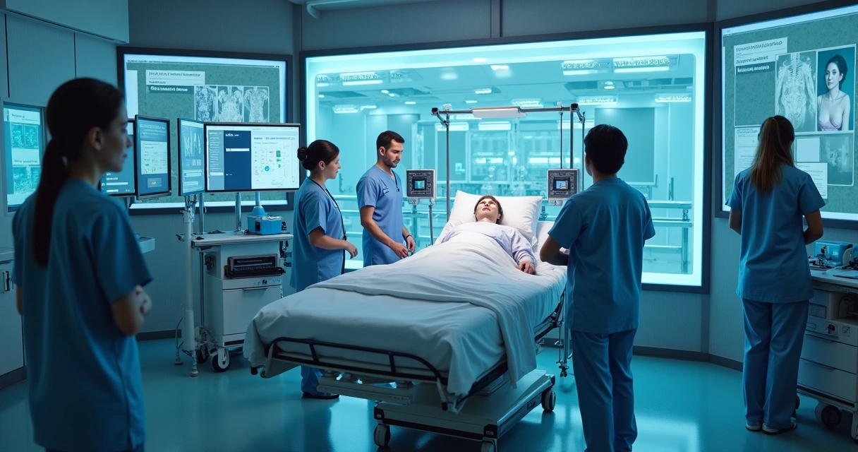Simulação digital de UTI com profissionais ao redor de leito virtual 
