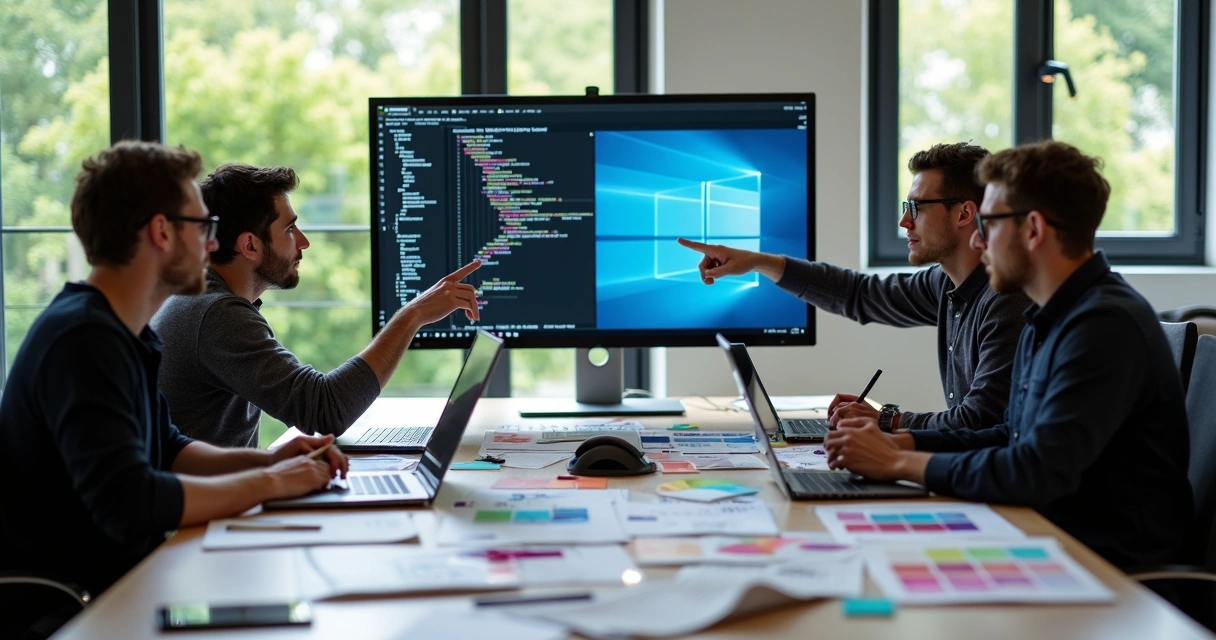 Equipe de desenvolvimento analisando opções de tecnologia para site institucional 