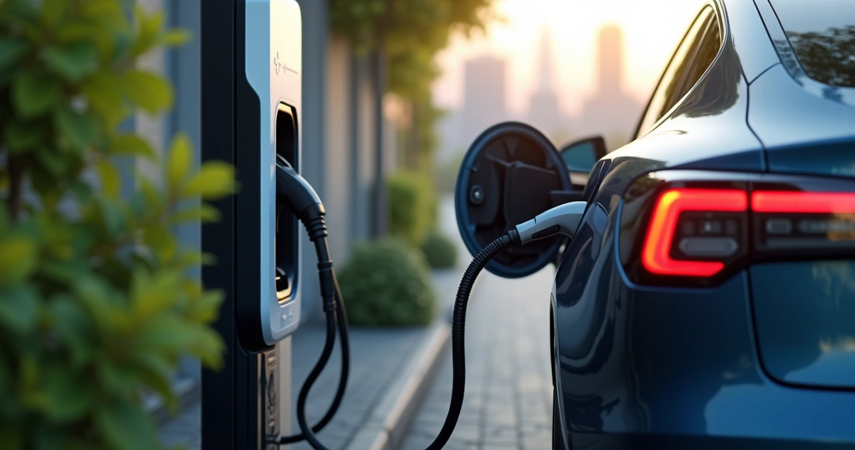 Detalhe de supercarregador elétrico conectado a carro 