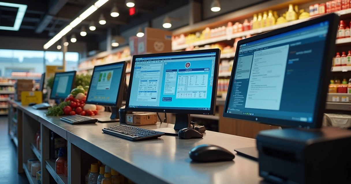 Vários monitores com softwares de gestão em balcão de supermercado 