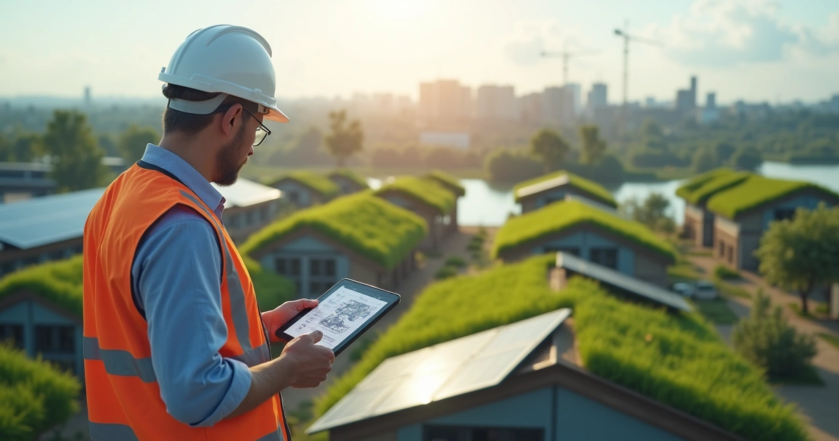 Engenheiro usando tablet com modelo BIM em obra sustentável, telhados verdes ao fundo 