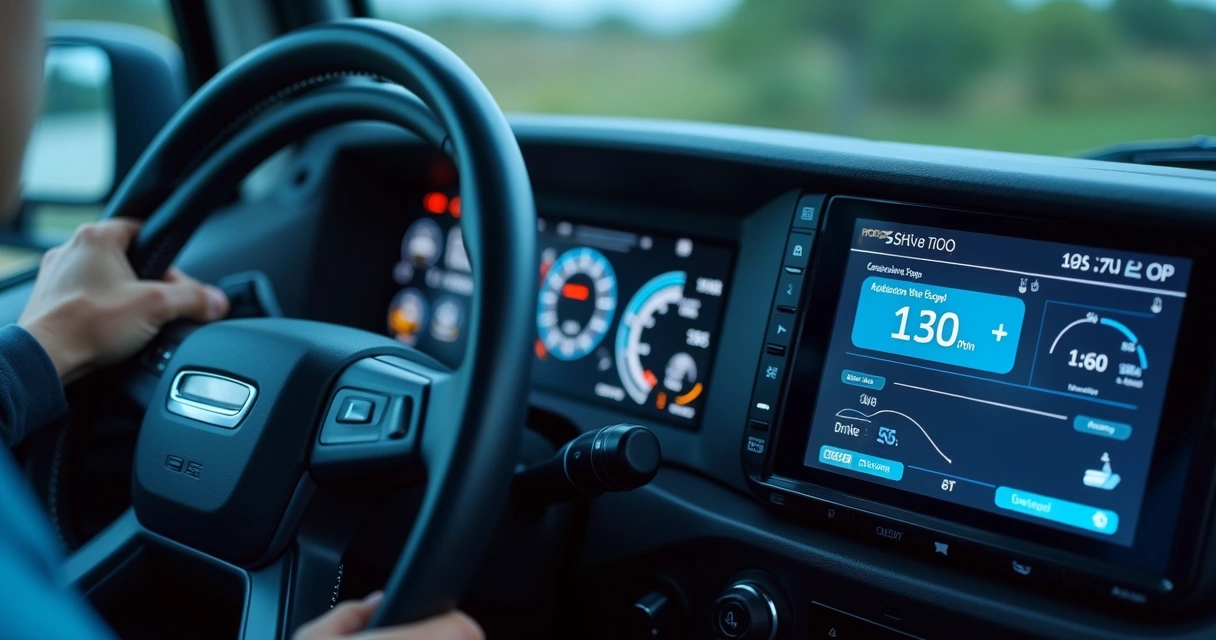 Painel digital de caminhão mostrando tela do tacógrafo 