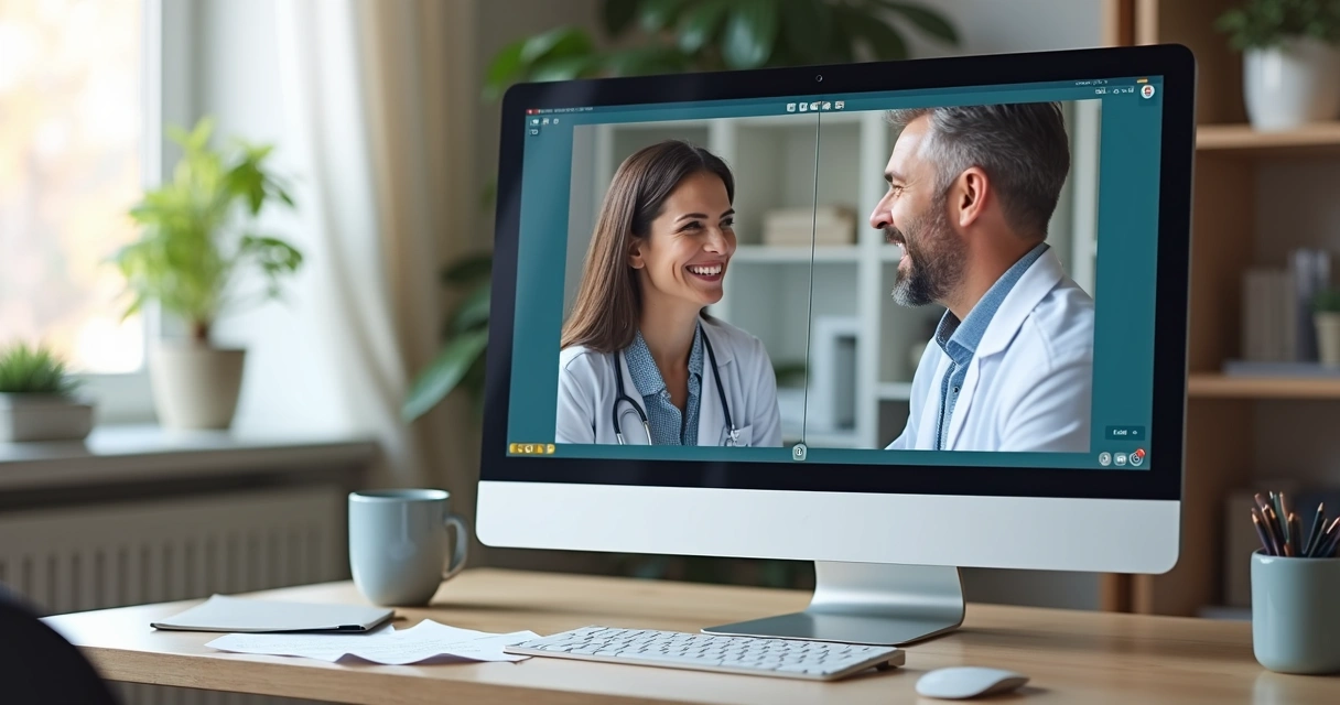 Tela de computador com interface amigável de teleconsulta mostrando médico e paciente reunidos virtualmente