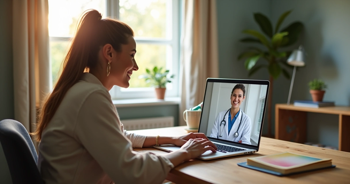 Imigrante brasileiro usando notebook para consulta médica virtual