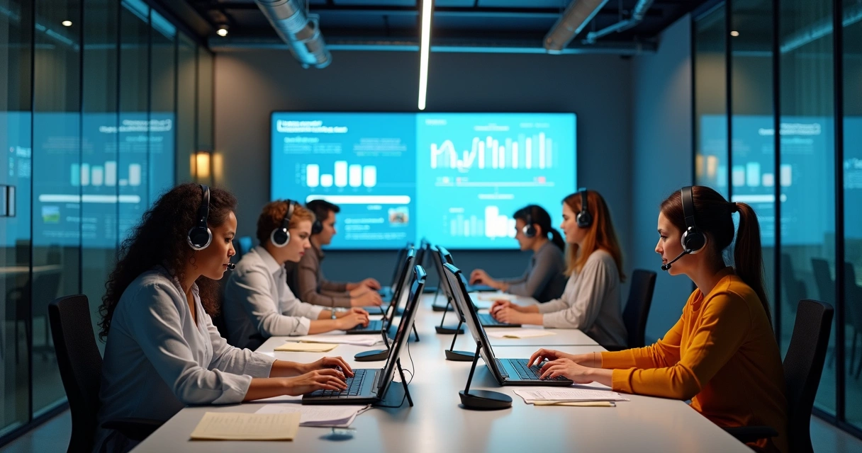 Equipe de televendas usando computadores modernos, telefonia IP e CRM em uma mesa ampla 