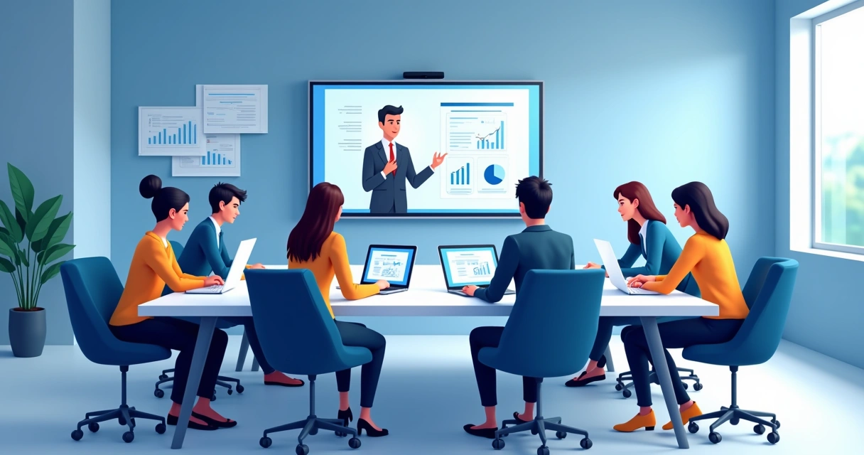 Alunos estudando em laptops e tablets, conectados online em sala moderna 