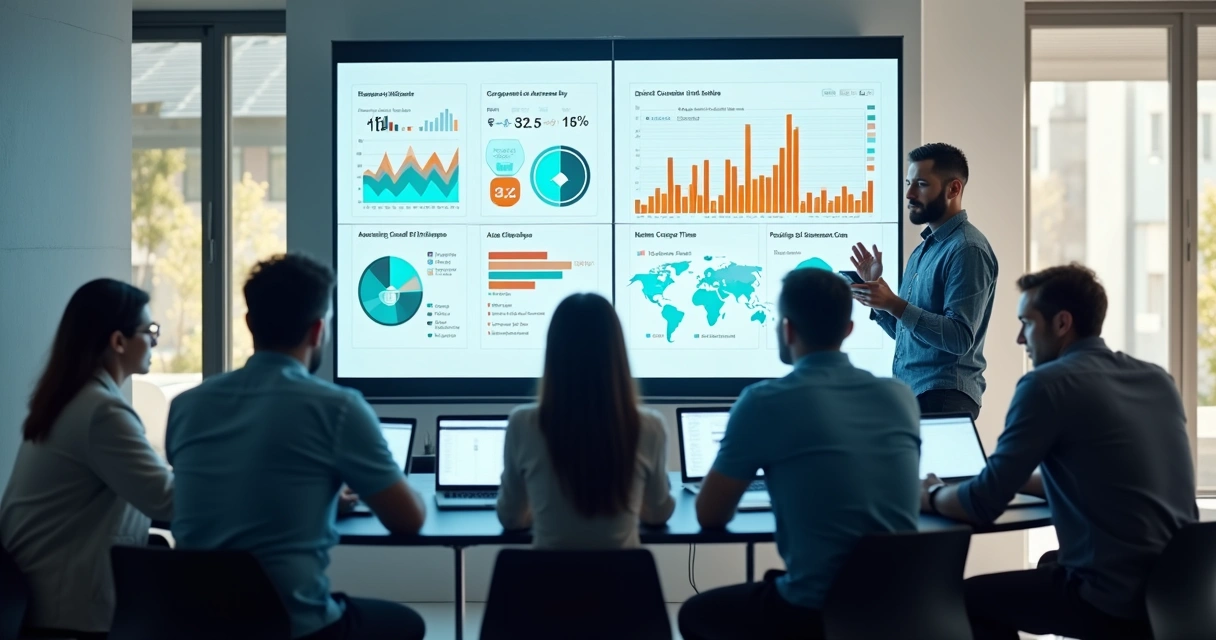 Profissionais de um escritório contábil ao redor de telas digitais com gráficos e indicadores 