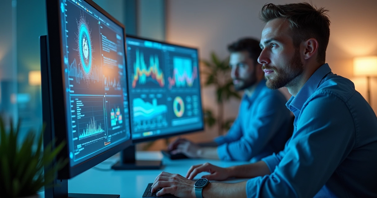 Profissional de TI trabalhando com gráficos de IA na tela do computador 