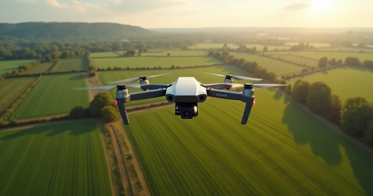 Drone sobrevoando propriedade rural para mapeamento georreferenciado 