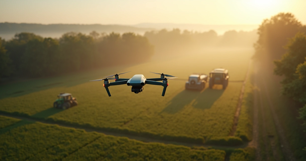 Drones e equipamentos GNSS mapeando área rural com vegetação densa 