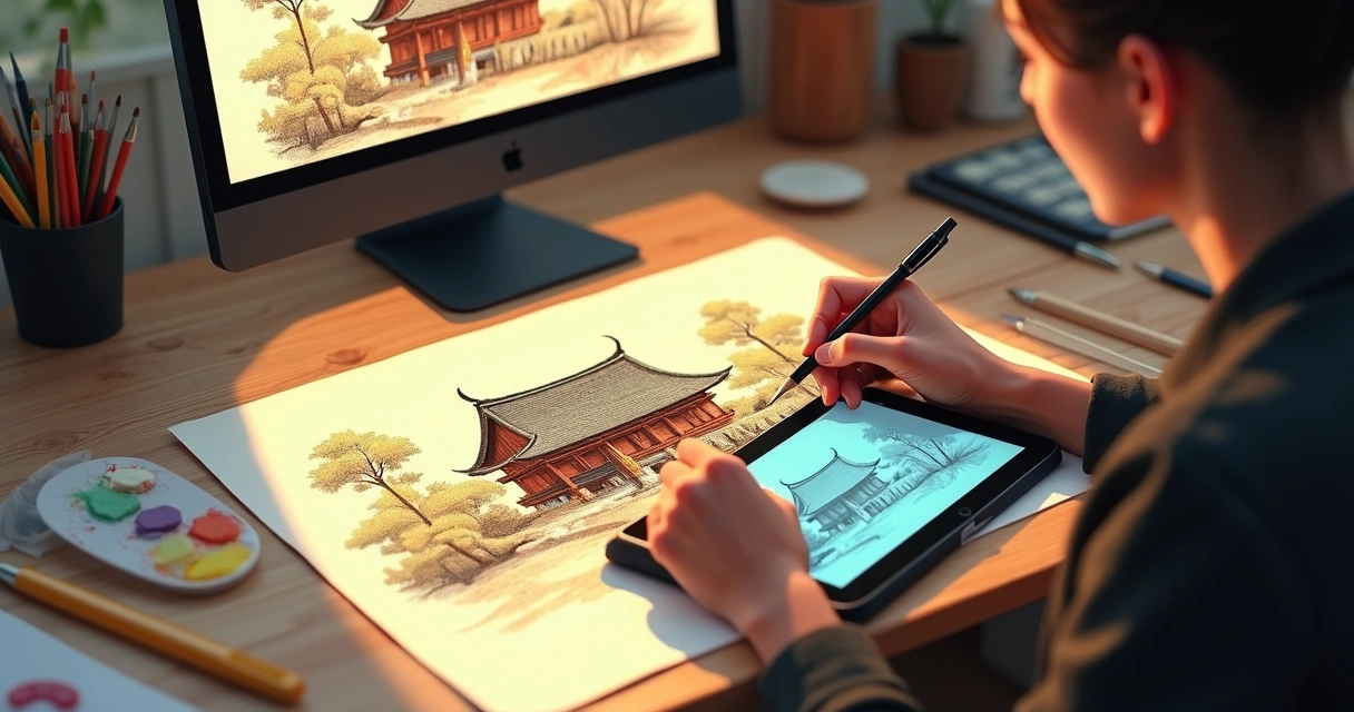 Artista mistura desenho tradicional e tablet digital 