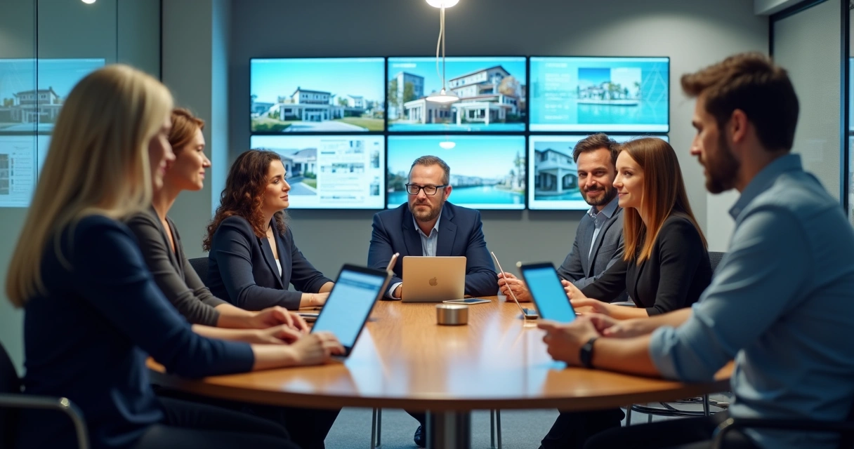 Equipe de corretores usando celulares e tablets em uma sala iluminada 