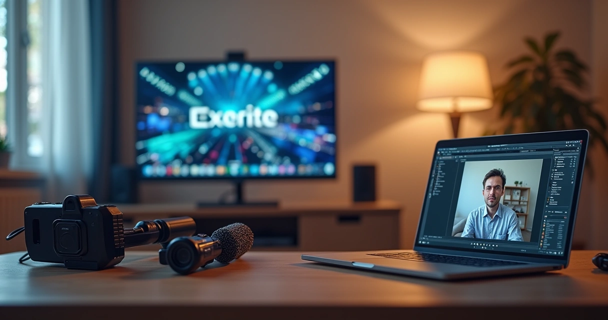 Equipamentos de tecnologia, como microfones, câmeras, tela de notebook, exibindo uma videoconferência em andamento 