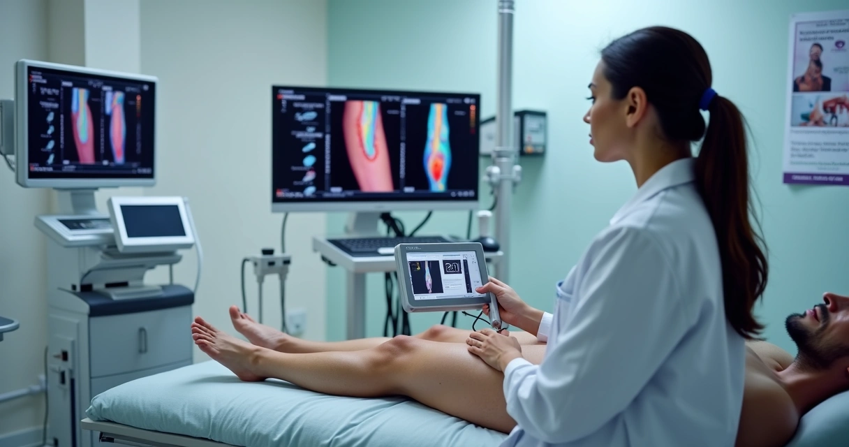 Médico usando ultrassom 3D para examinar perna de paciente em clínica moderna 