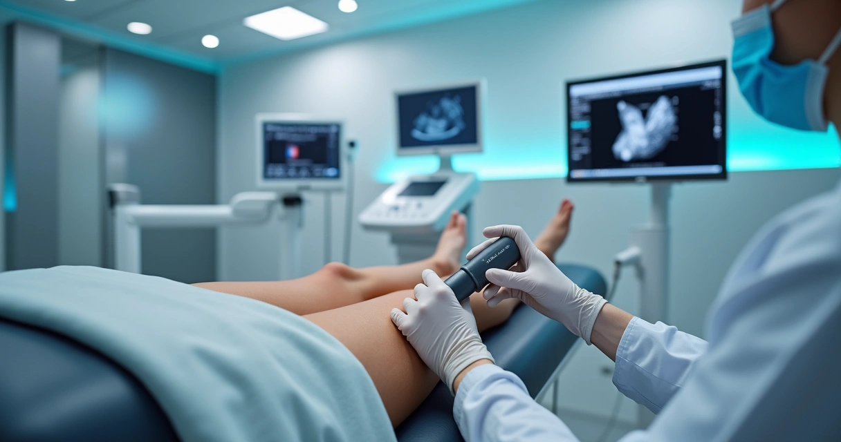 Equipamento moderno de endolaser sendo usado para tratamento de varizes em ambiente clínico elegante e tecnológico 