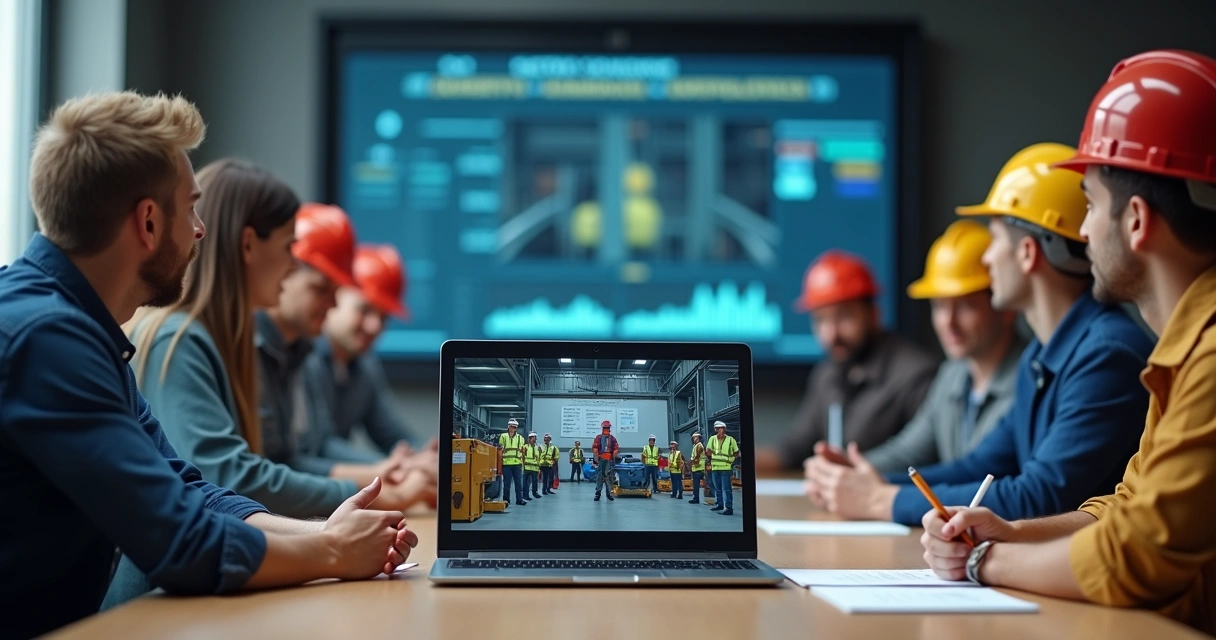 Treinamento digital em LOTO com plataforma online e funcionários em tela 