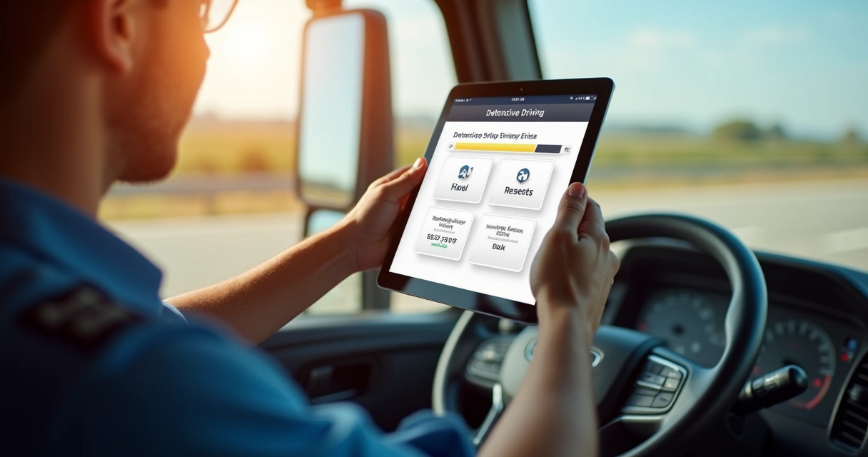 Motorista acessando curso de direção defensiva no tablet 