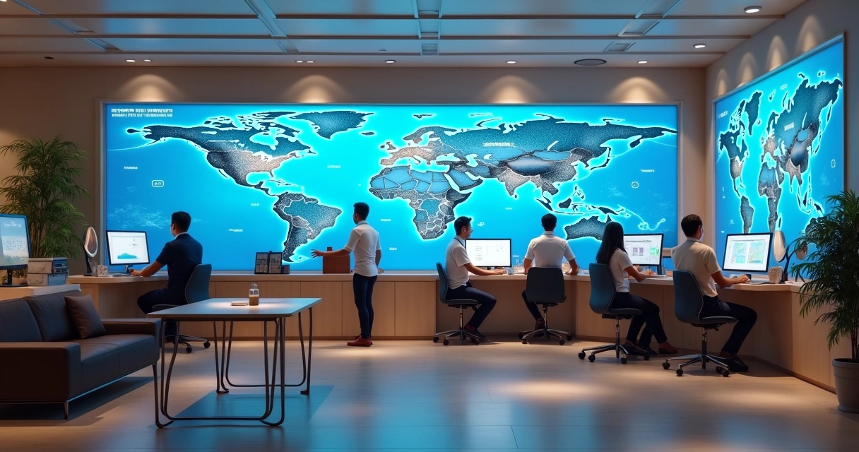 Tecnologia em agência de viagens mostrando painéis digitais e mapas 