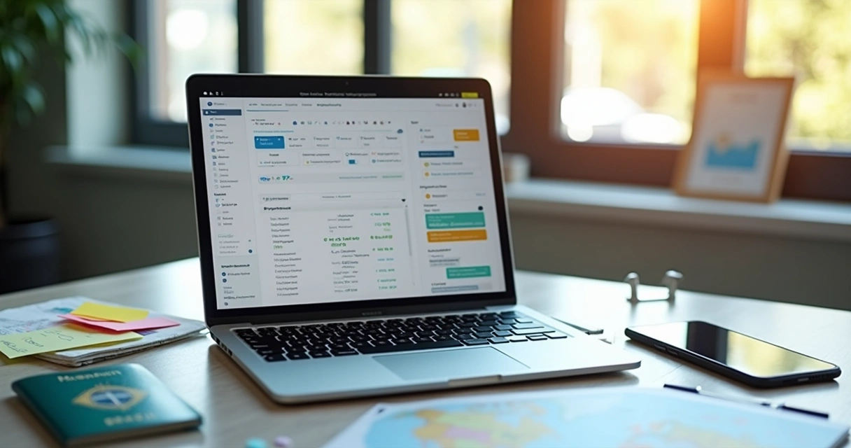 Software de gestão de viagens na tela de um notebook ao lado de passaporte e celular 