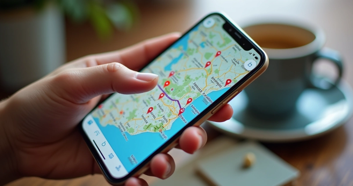 Pessoa usando aplicativo de viagem para planejar rota no celular 