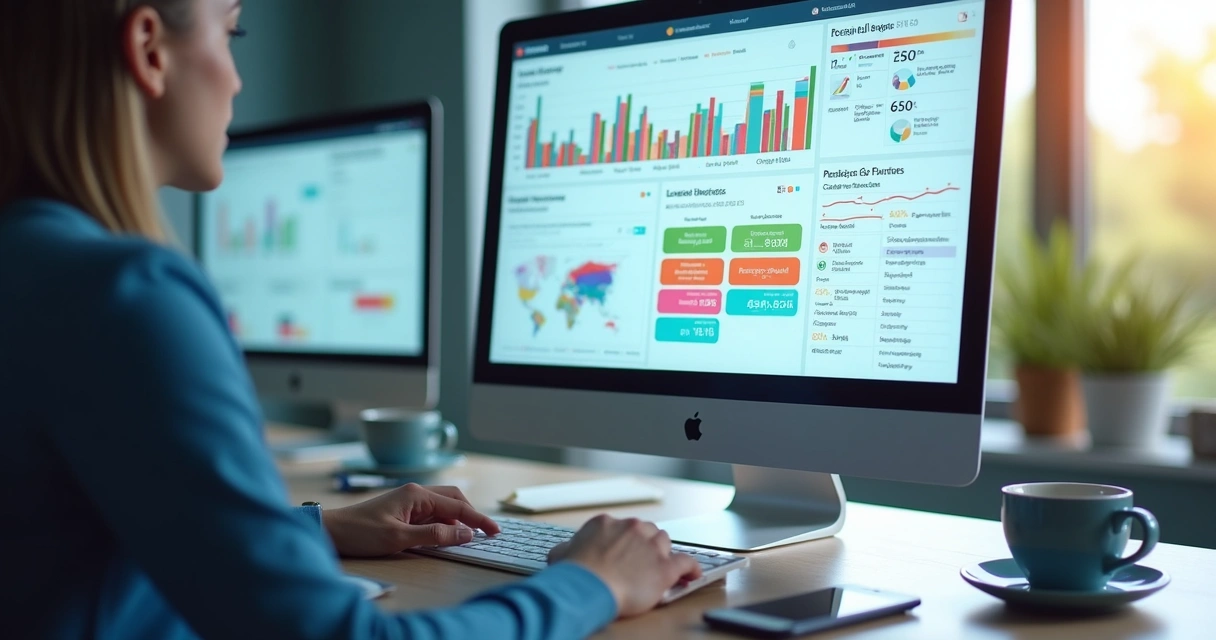 Dashboard de vendas B2B em tela de computador com gráficos coloridos 