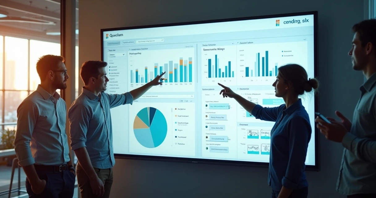 Tela de CRM sendo usada por equipe de vendas analisando gráficos de desempenho. 