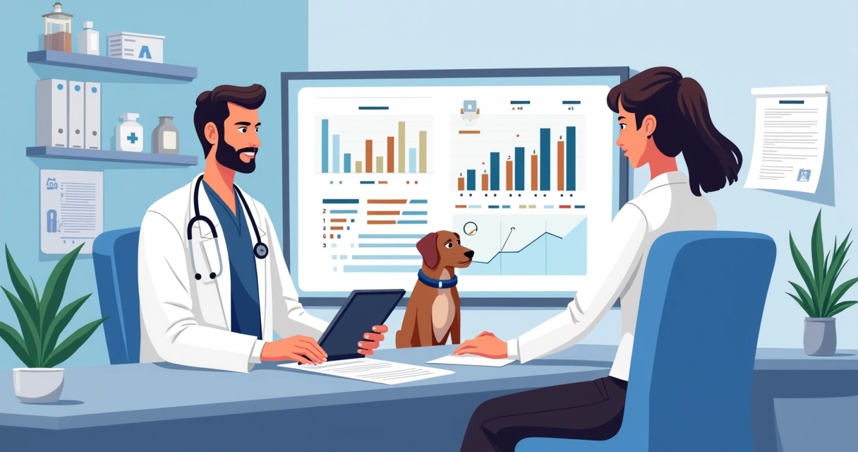 Veterinário e tutor usando tela digital juntos em mesa de atendimento moderno 