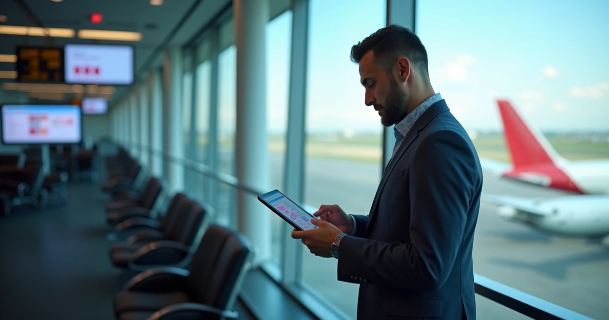 Executivo usando tablet com apps de viagem no aeroporto 