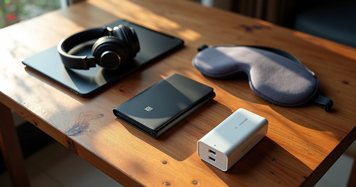 Equipamentos tecnológicos modernos organizados em mesa de madeira com acabamento premium 