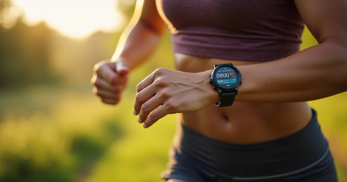 Pessoa utilizando smartwatch fitness durante atividade ao ar livre 