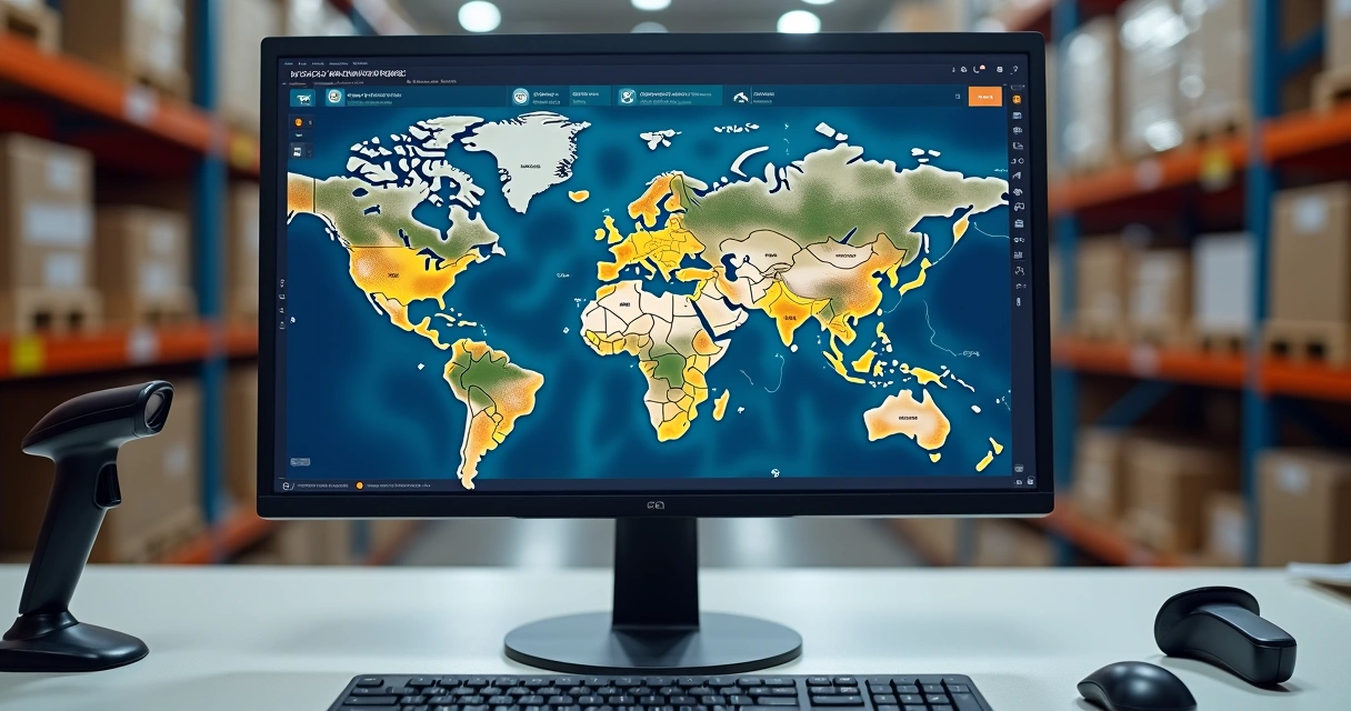 Tela de computador mostrando software WMS com mapa de armazém 