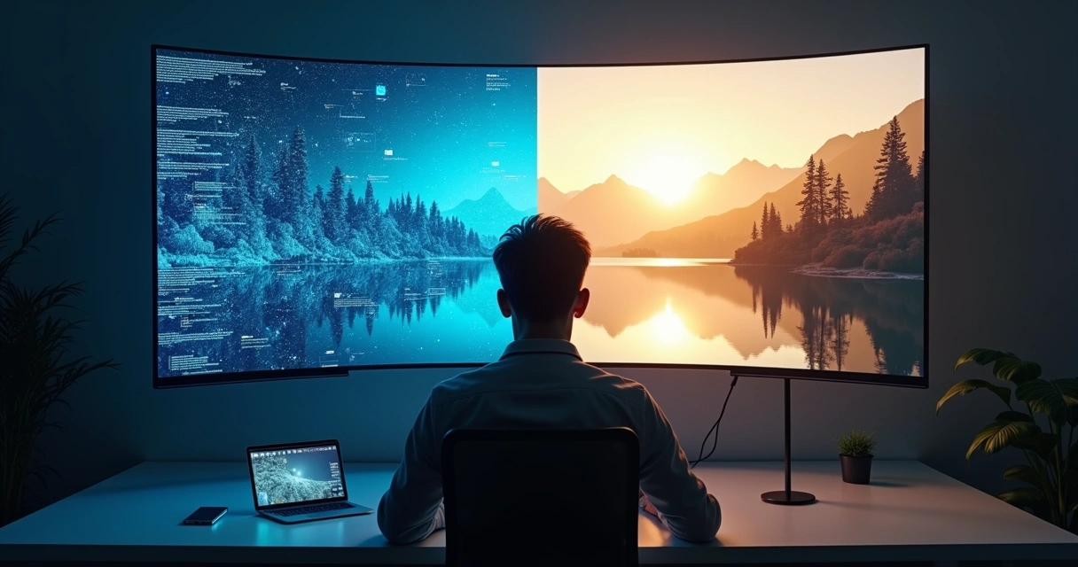 Persona frente a una pantalla digital mitad código y mitad naturaleza luminosa 