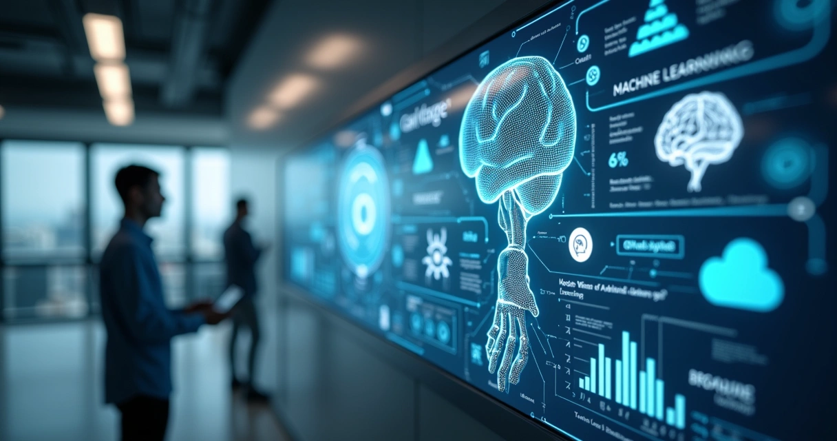 Painel high-tech mostrando avanços em aprendizado de máquina 