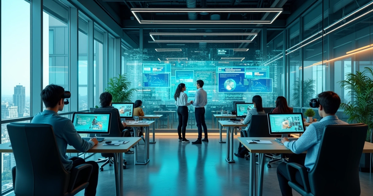 Condomínio moderno com telas digitais e sensores inteligentes instalados nas áreas comuns, representando tecnologia de 2025 