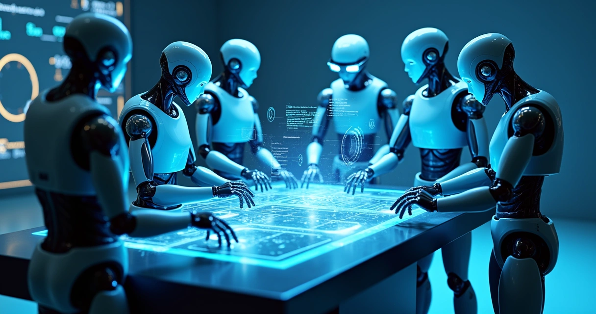 Elementos de IA e robôs colaborando com pessoas em escritório 