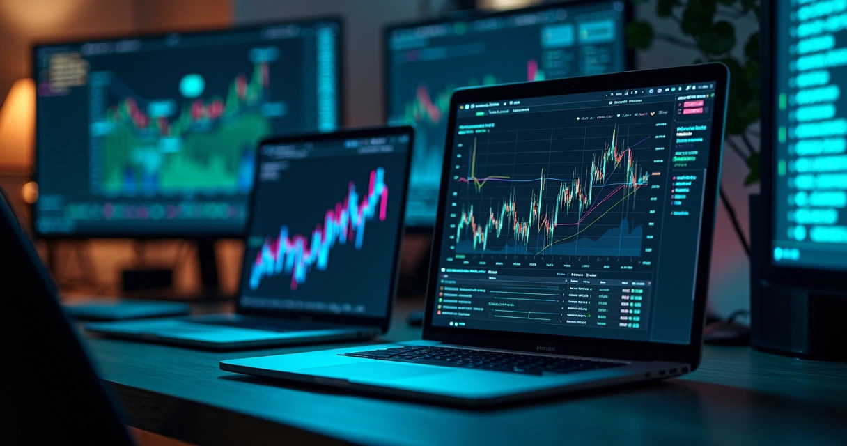 Telas de computador com gráficos em tempo real e IA analisando dados 