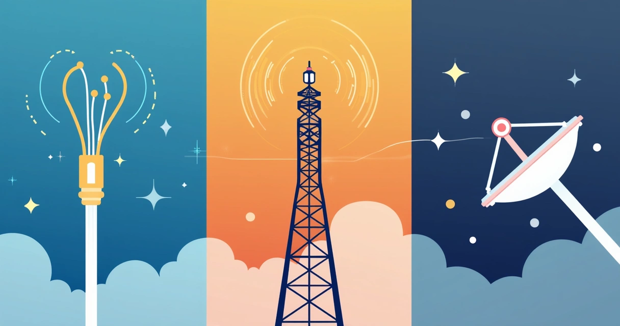 Fibra óptica, rádio e satélite lado a lado, destacando diferenças 
