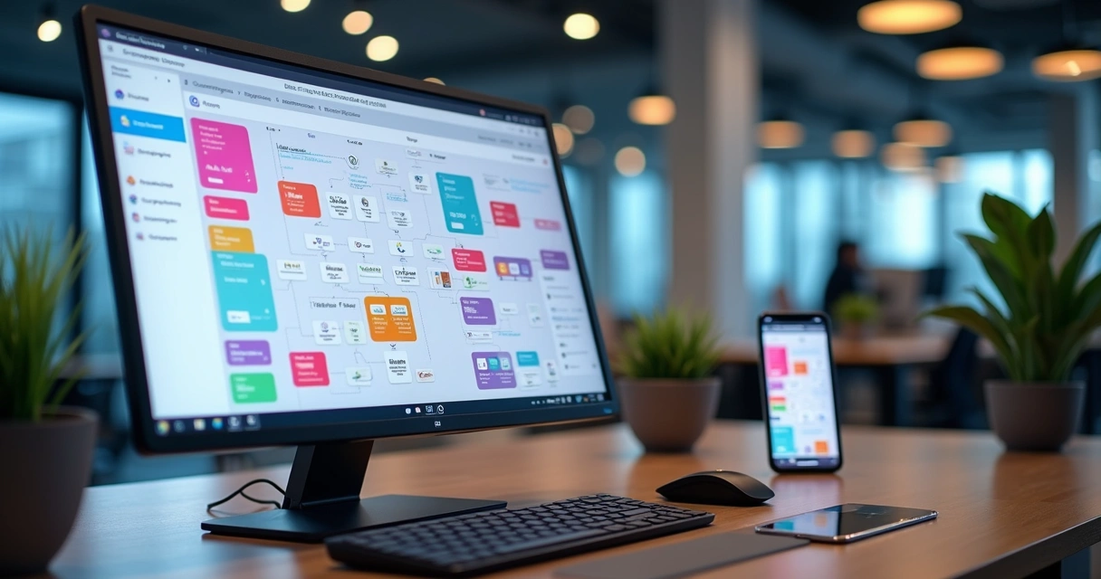 Tela de computador com interface de aplicativos low-code e no-code mostrando fluxos de trabalho e blocos visuais 