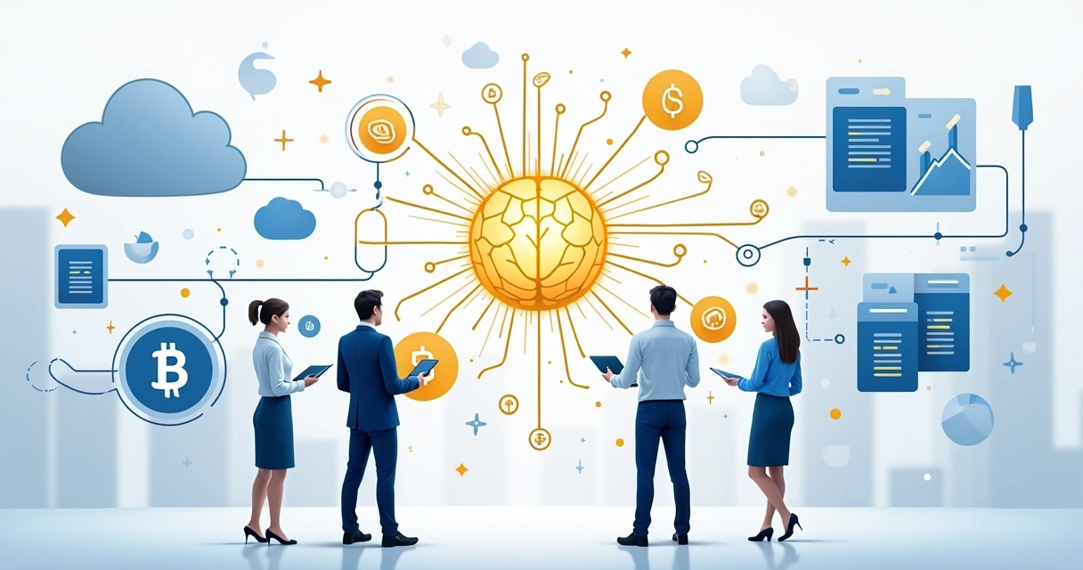 Ilustração de tecnologias modernas em finanças como IA, nuvem, blockchain 