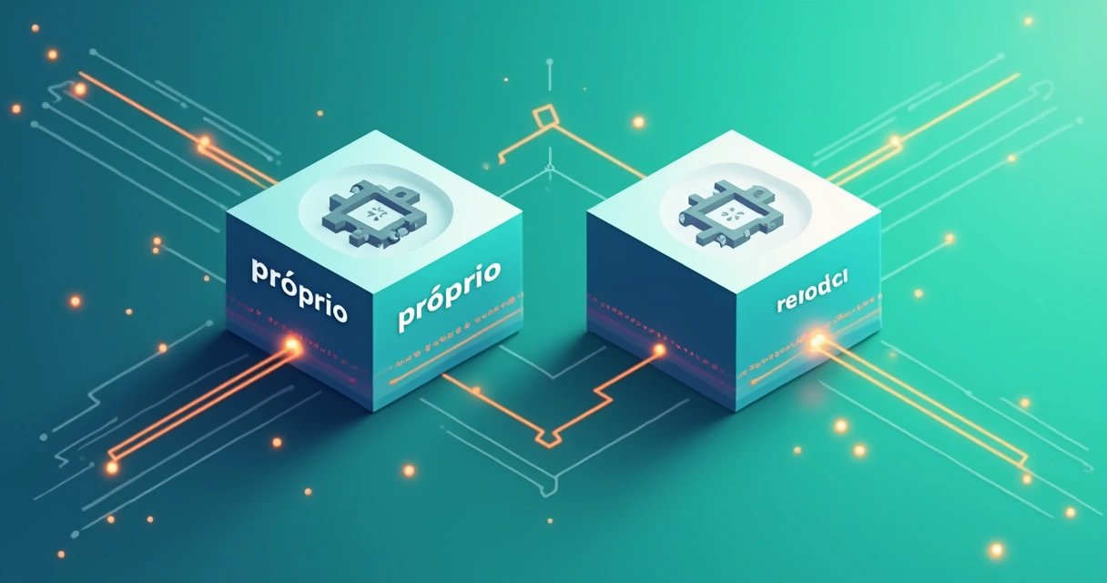 Dois módulos digitais diferentes sendo conectados por códigos, simbolizando integração tecnológica.