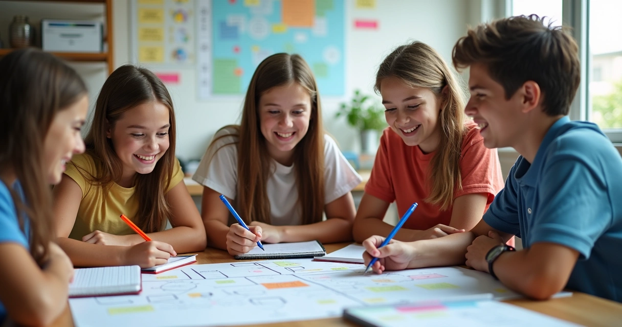 Teen group collaborating over a problem-solving activity 