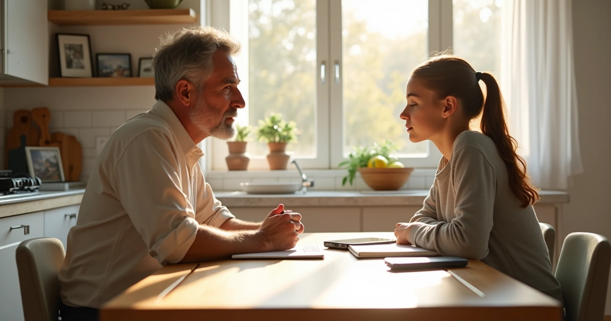 Parent and teen sitting at kitchen table, having a serious but calm conversation, notebook and phone between them 