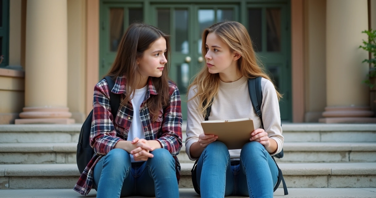 Two teens talking while sitting on school steps 