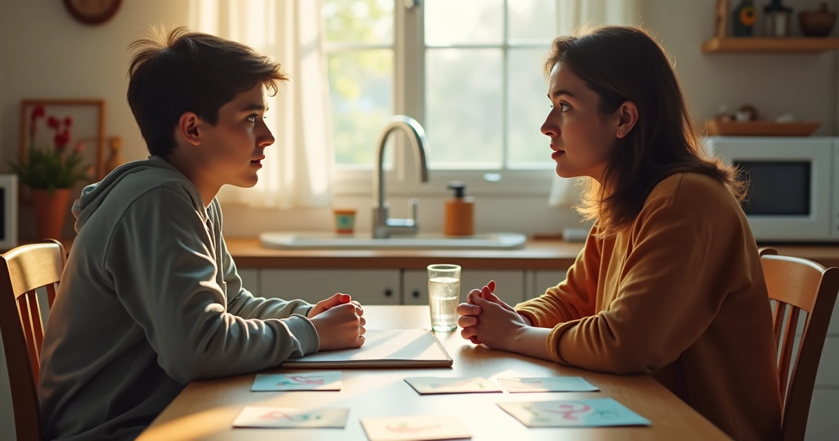 Teen talking with an adult at a kitchen table