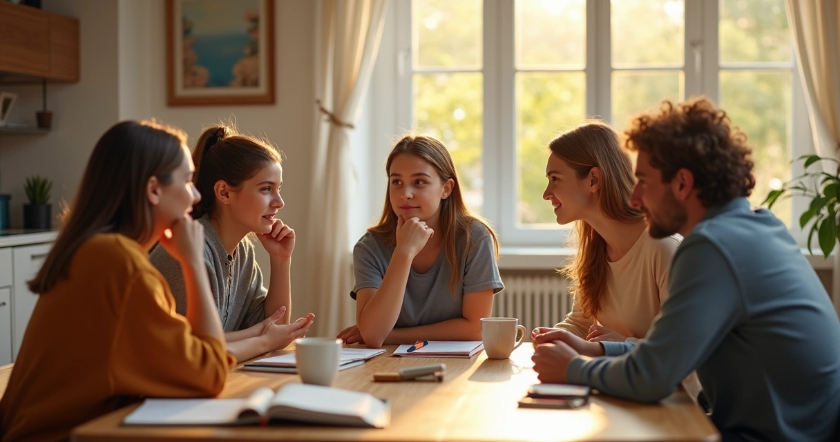 Teens and adults sitting at a dining table, having a family discussion.